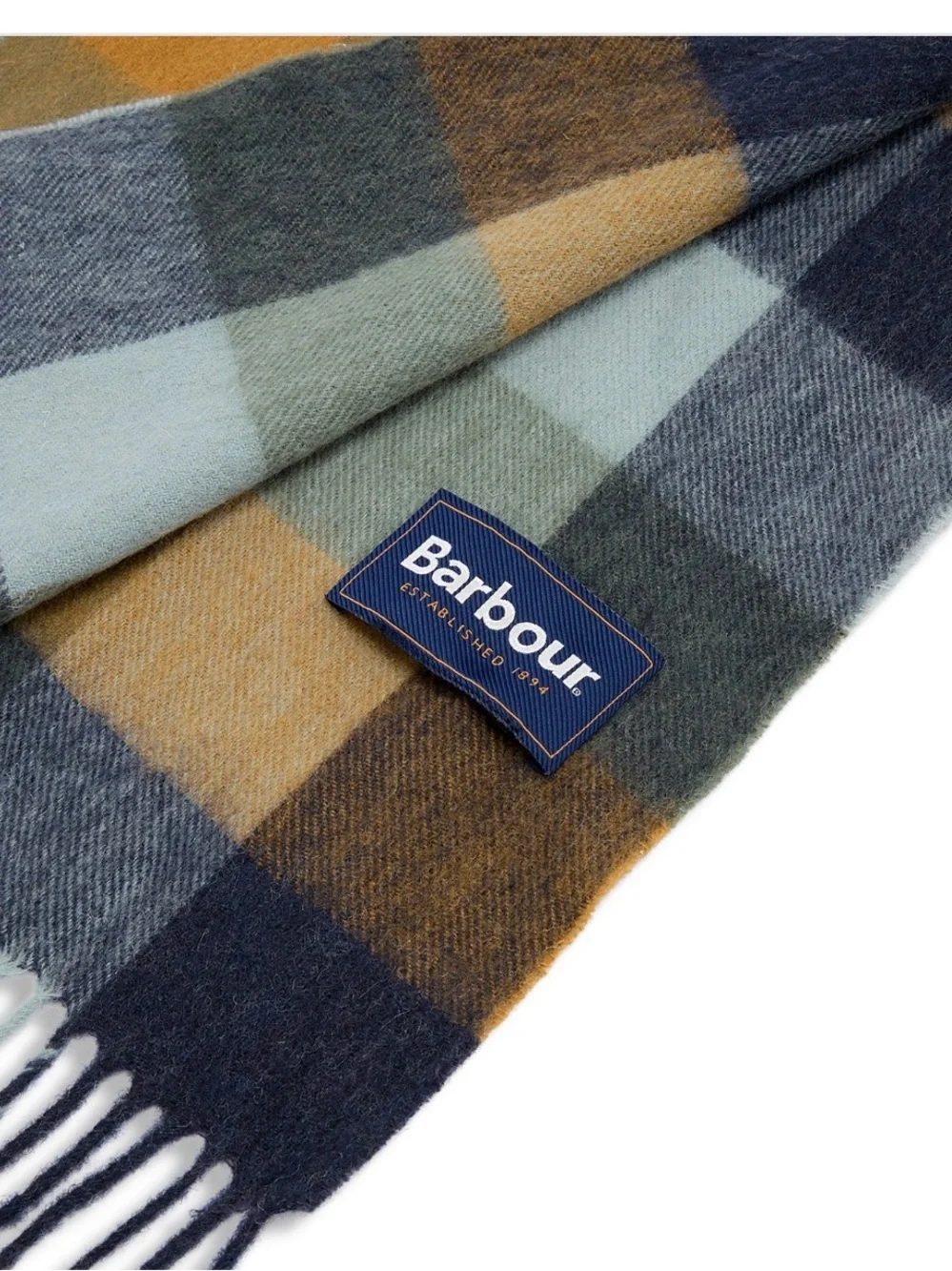 Barbour Lambswool Tattersall Scarf in Mustard, Slate Blue, Olive & Cream